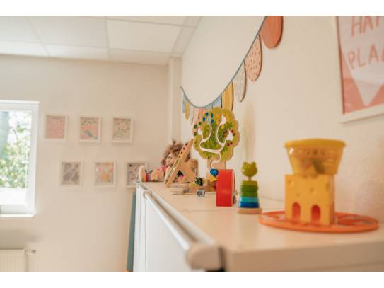 Detailaufnahme eines Spielzeugregals mit Holzspielzeug und bunter Wanddekoration