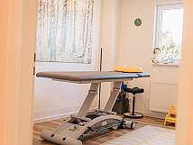 Blick in einen freundlichen Behandlungsraum mit höhenverstellbarer Therapieliege, Naturmotiv an der Wand, Deckenbild mit Baumkrone und Tageslichtfenster